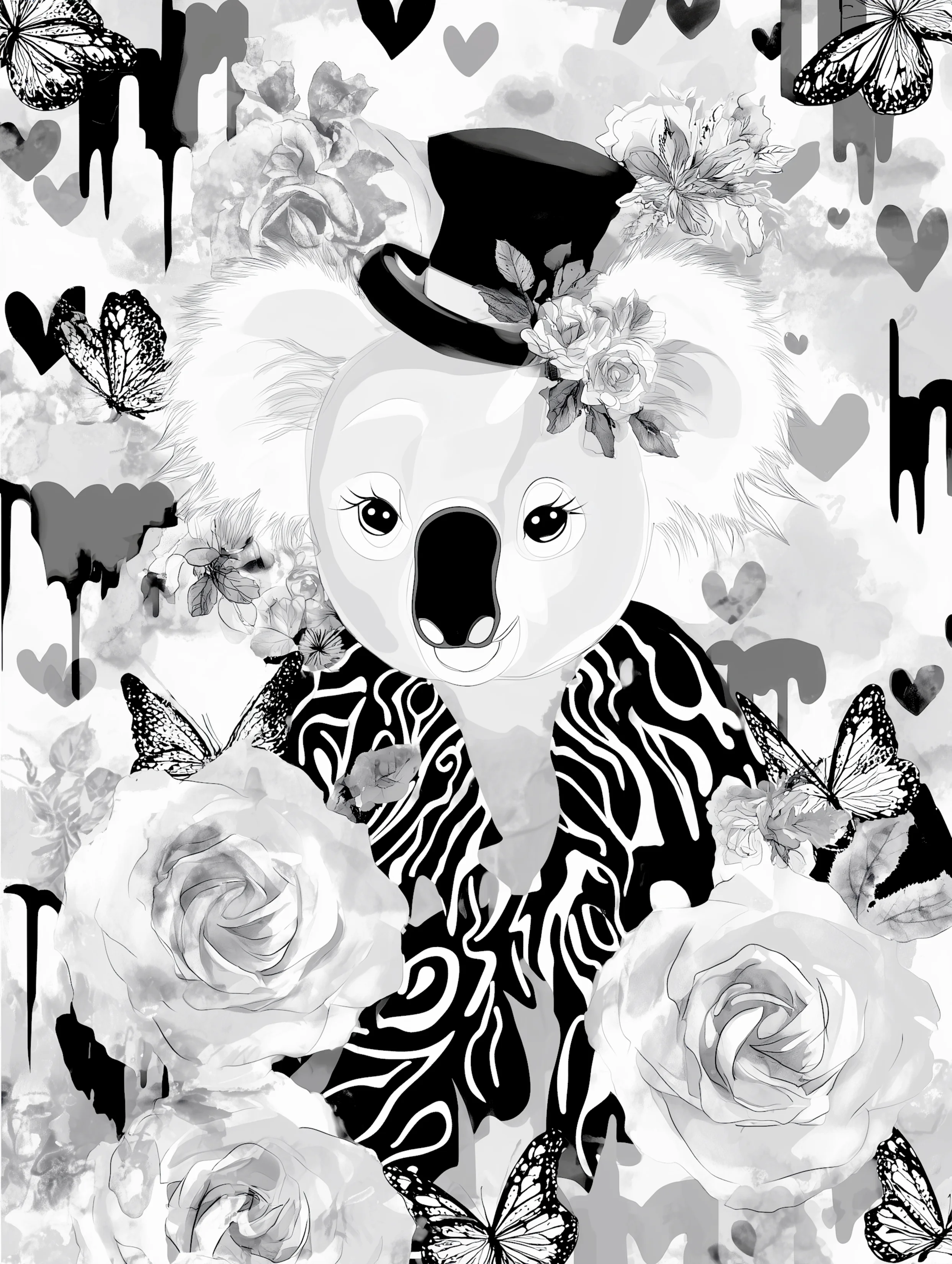 Free printable koala coloring page for adults featuring more big roses and tophat koala